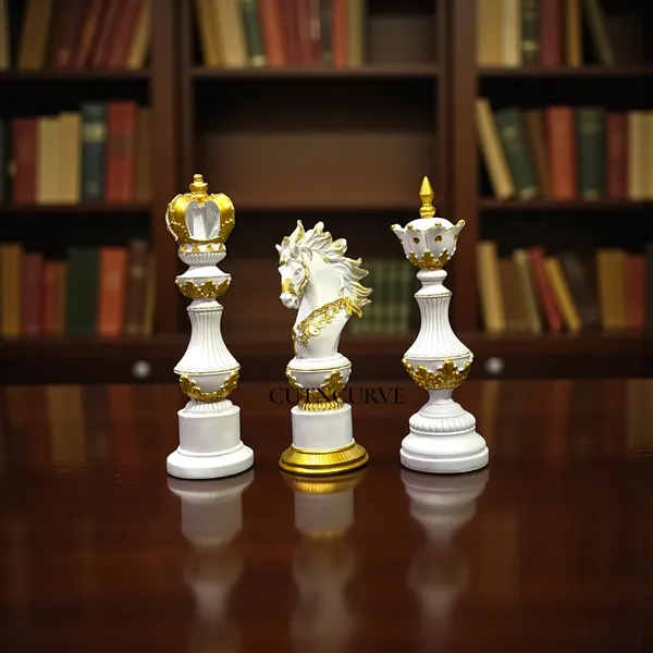 Off_White_&_Golden_Artistic_Chess_Statue_Set_In_Resin_12_Inch_King_Queen_&_Knight_Showpiece_For_Modern_Living_&_Office_Spaces