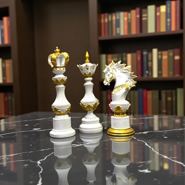 Off_White_&_Golden_Artistic_Chess_Statue_Set_In_Resin_12_Inch_King_Queen_&_Knight_Showpiece_For_Modern_Living_&_Office_Spaces