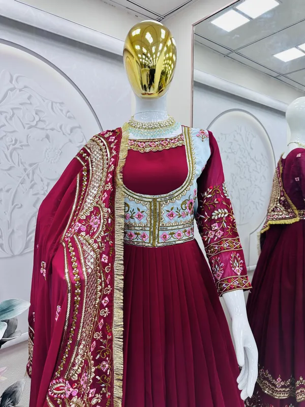 Red_Georgette_Thread_&_Sequence_Embroidered_Gown_For_Women