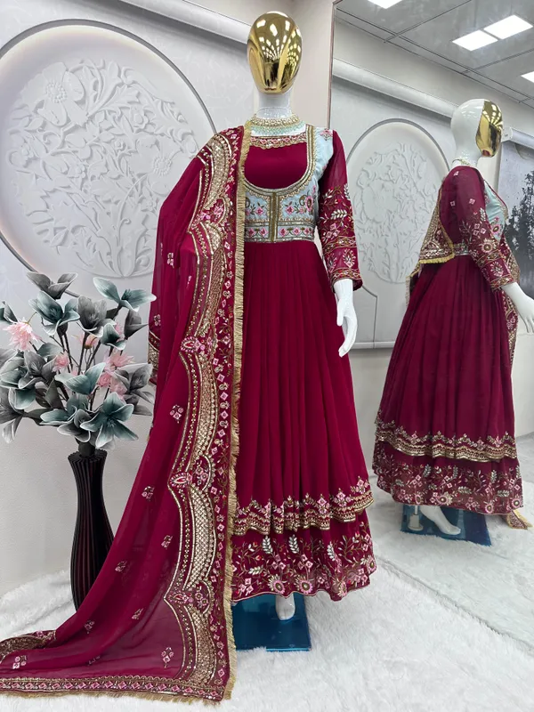 Red_Georgette_Thread_&_Sequence_Embroidered_Gown_For_Women