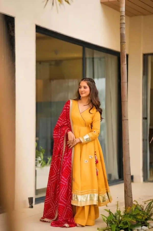 Yellow_Chinon_Angrakha_Gown_With_Palazzo_&_Bandhani_Dupatta_For_Women