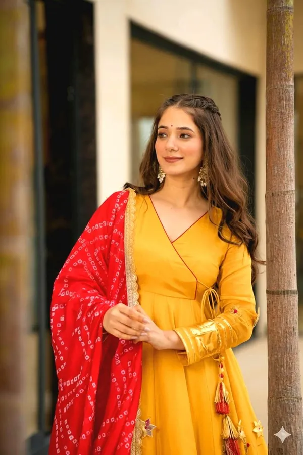 Yellow_Chinon_Angrakha_Gown_With_Palazzo_&_Bandhani_Dupatta_For_Women