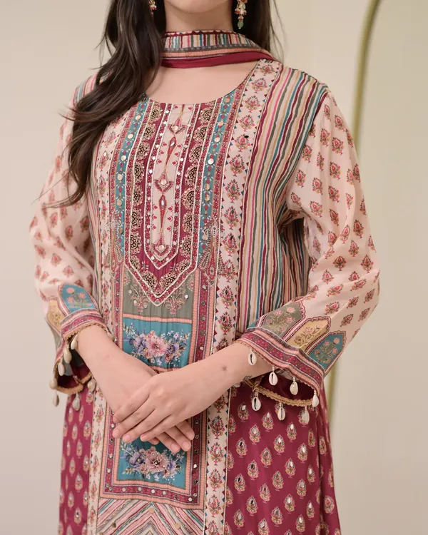 Maroon_Chiffon_Hand_Work_A-Line_Festive_Suit_Set_For_Women