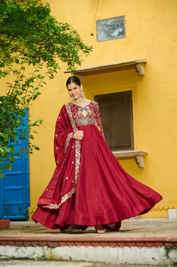 Maroon_Vichitra_Multi-Thread_Embroidered_Gown_For_Women