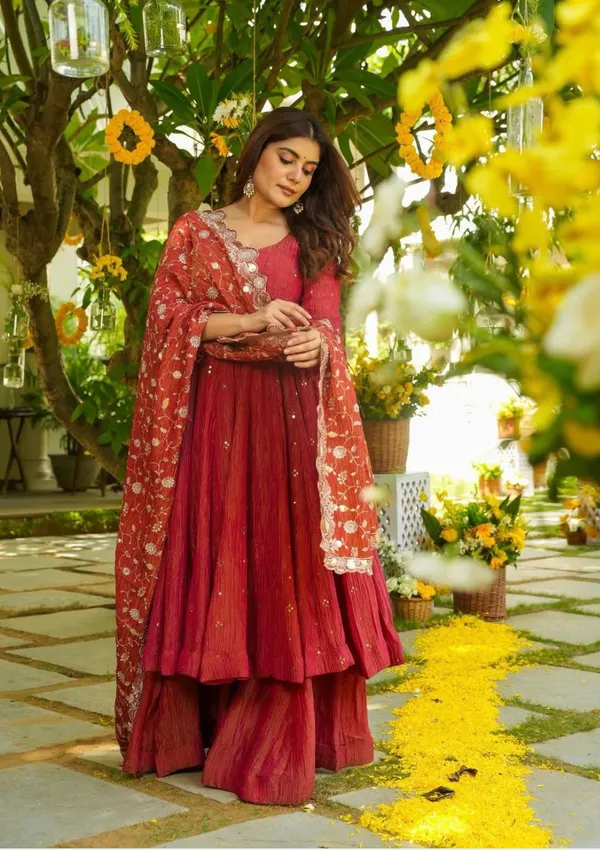 Red_Double_Shades_Shimmer_Silk_Gown_With_Palazzo_&_Dupatta_For_Women
