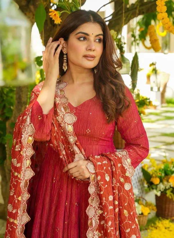 Red_Double_Shades_Shimmer_Silk_Gown_With_Palazzo_&_Dupatta_For_Women