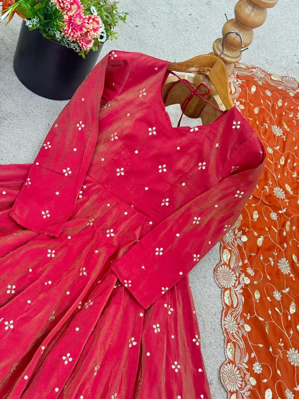 Red_Double_Shades_Shimmer_Silk_Gown_With_Palazzo_&_Dupatta_For_Women