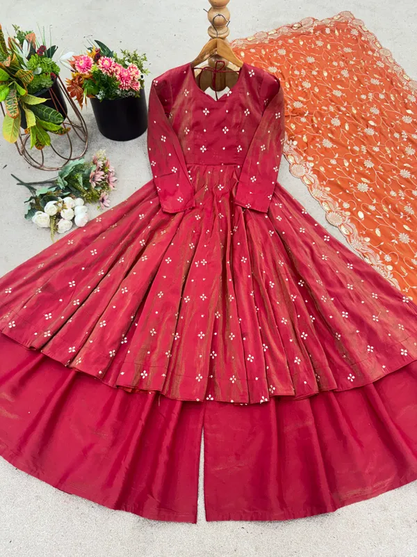 Red_Double_Shades_Shimmer_Silk_Gown_With_Palazzo_&_Dupatta_For_Women