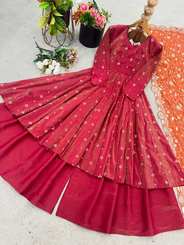 Red_Double_Shades_Shimmer_Silk_Gown_With_Palazzo_&_Dupatta_For_Women