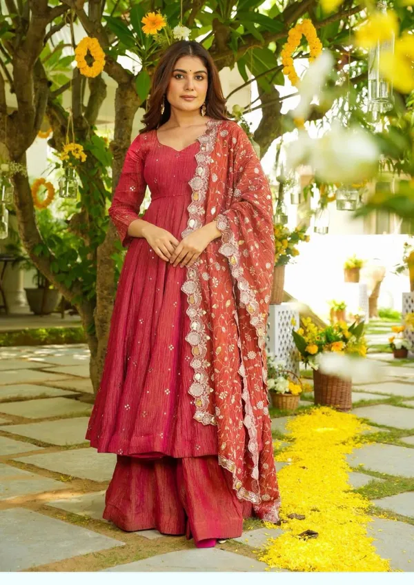 Red_Double_Shades_Shimmer_Silk_Gown_With_Palazzo_&_Dupatta_For_Women