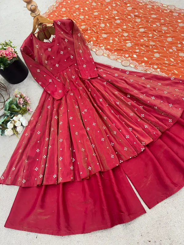 Red_Double_Shades_Shimmer_Silk_Gown_With_Palazzo_&_Dupatta_For_Women