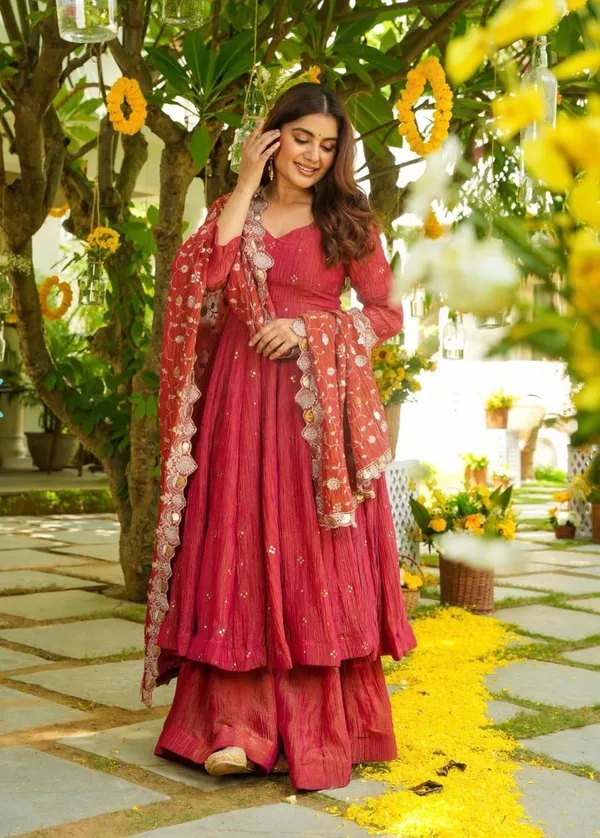 Red_Double_Shades_Shimmer_Silk_Gown_With_Palazzo_&_Dupatta_For_Women