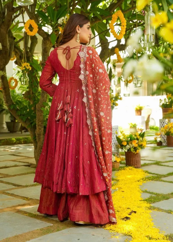 Red_Double_Shades_Shimmer_Silk_Gown_With_Palazzo_&_Dupatta_For_Women