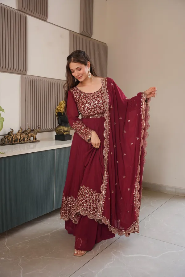 Red_Georgette_Embroidered_Gown_With_Sharara_&_Dupatta_For_Women