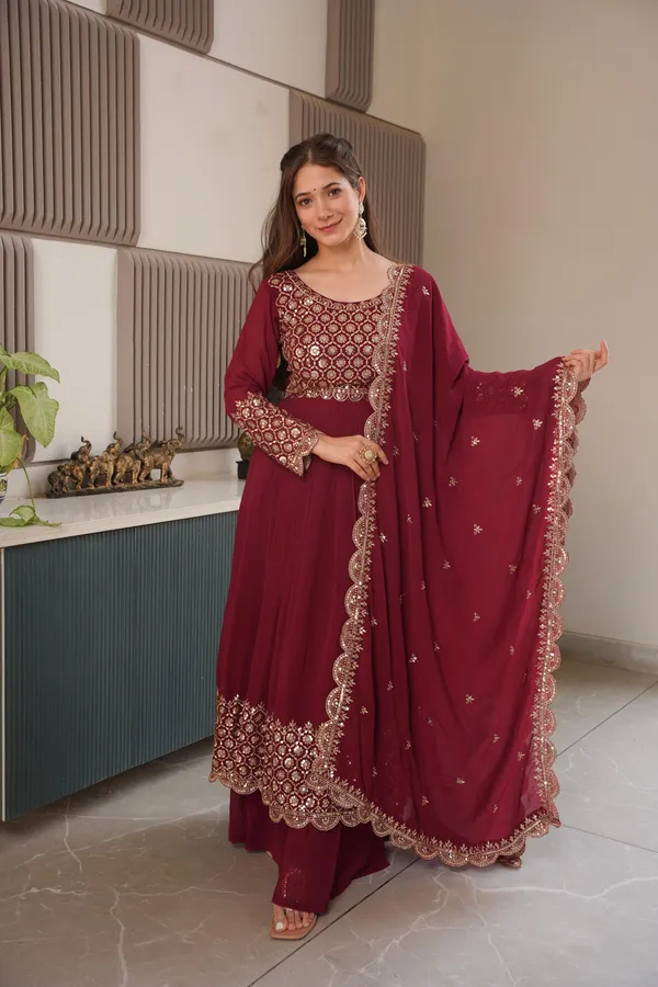 Red_Georgette_Embroidered_Gown_With_Sharara_&_Dupatta_For_Women