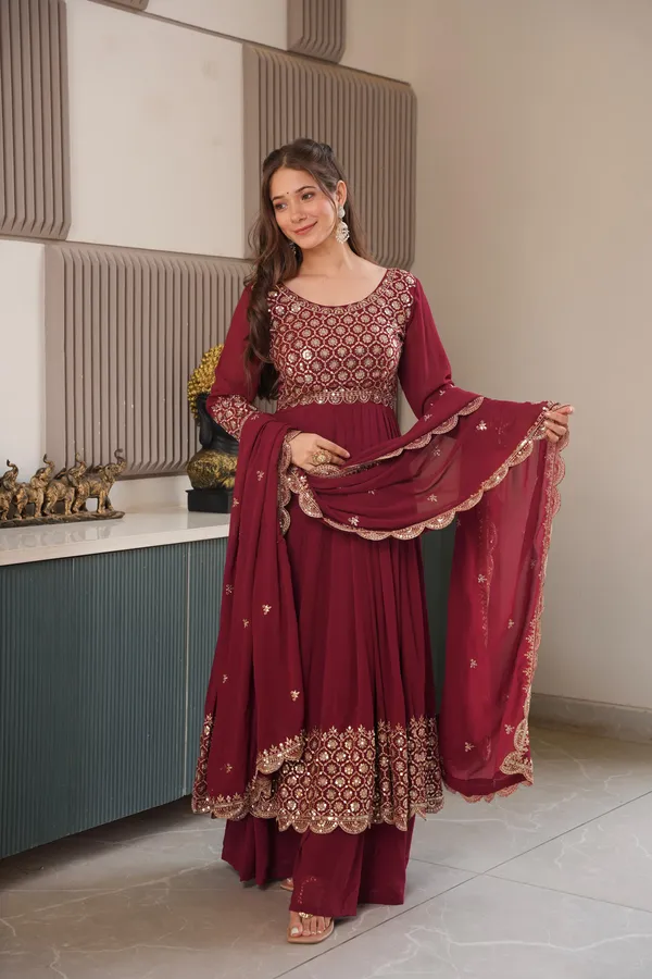 Red_Georgette_Embroidered_Gown_With_Sharara_&_Dupatta_For_Women