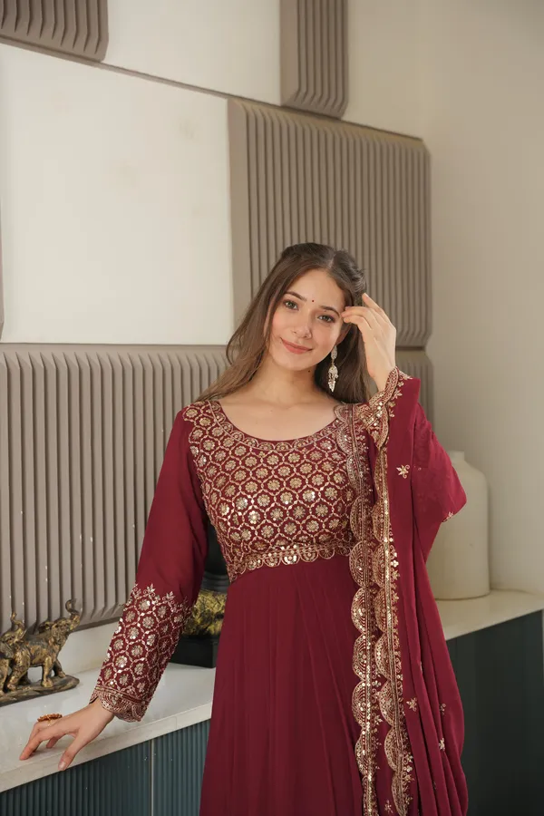Red_Georgette_Embroidered_Gown_With_Sharara_&_Dupatta_For_Women