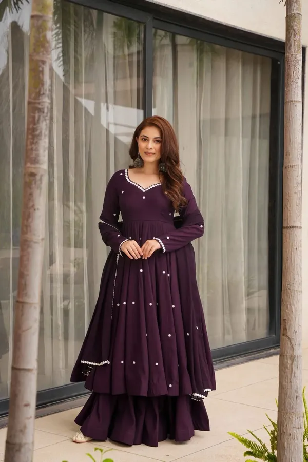Deep_Purple_Embroidered_Georgette_Gown_With_Palazzo_For_Women