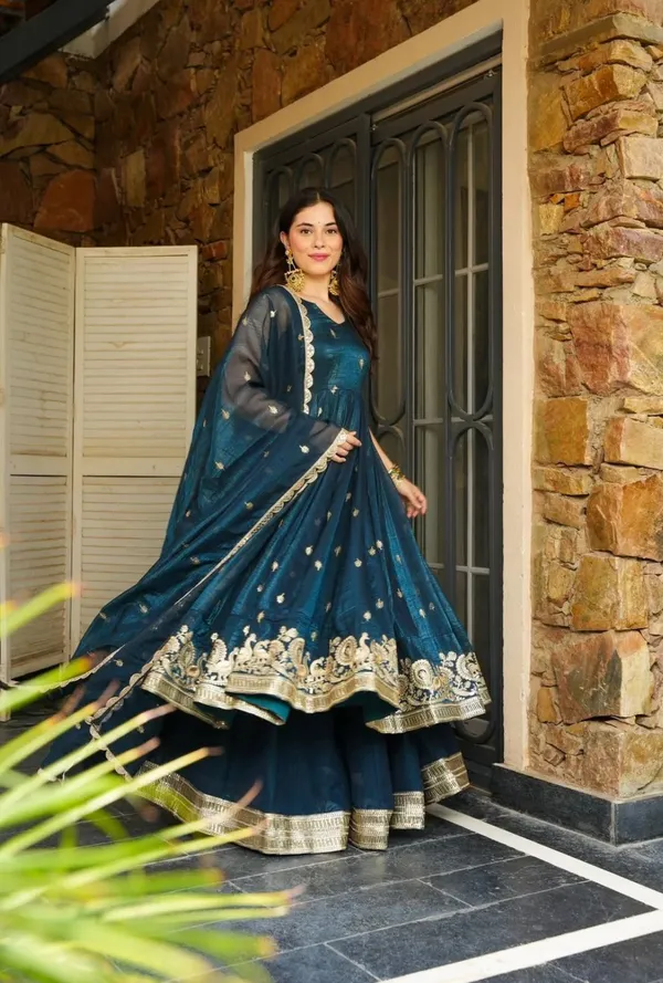 Peacock_Blue_Georgette_Embroidered_Festive_Gown_For_Women