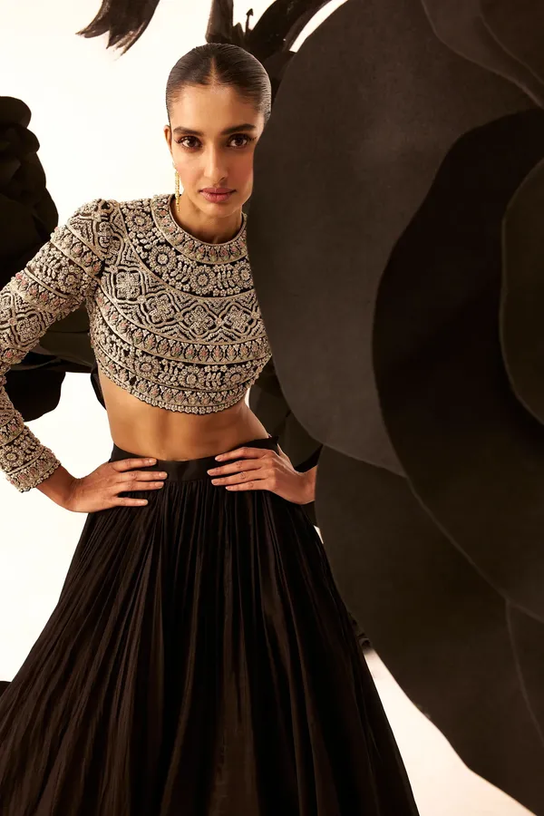 Black_Organza,_Net_Pearls,_Persian_Fleur_Embroidered_Blouse_With_Gathered_Skirt_For_Women