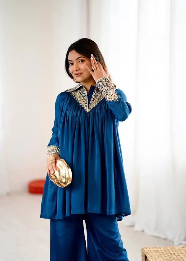 Peacock_Blue_Chinon_Sequence_Embroidered_Kurta_Palazzo_Set_For_Women