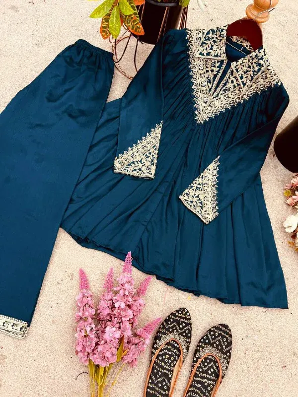 Peacock_Blue_Chinon_Sequence_Embroidered_Kurta_Palazzo_Set_For_Women