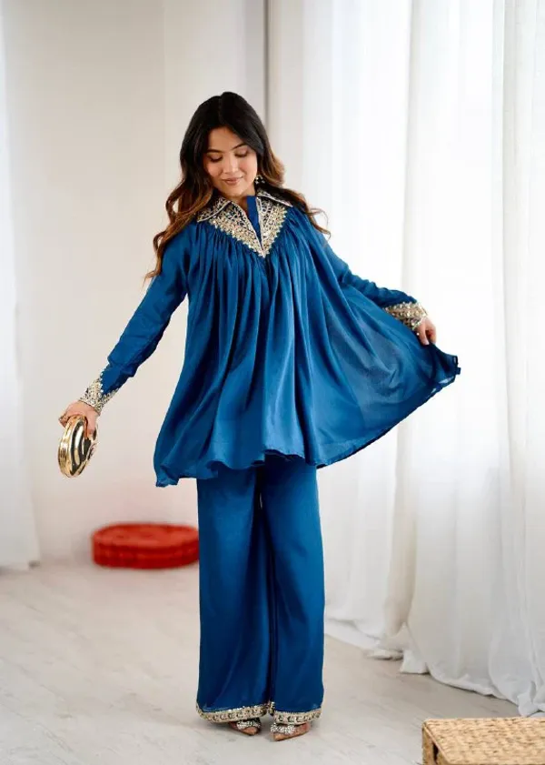 Peacock_Blue_Chinon_Sequence_Embroidered_Kurta_Palazzo_Set_For_Women