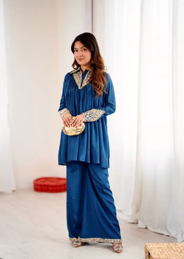 Peacock_Blue_Chinon_Sequence_Embroidered_Kurta_Palazzo_Set_For_Women