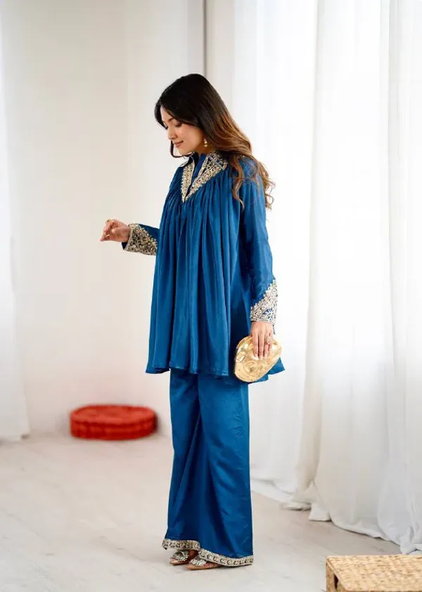 Peacock_Blue_Chinon_Sequence_Embroidered_Kurta_Palazzo_Set_For_Women