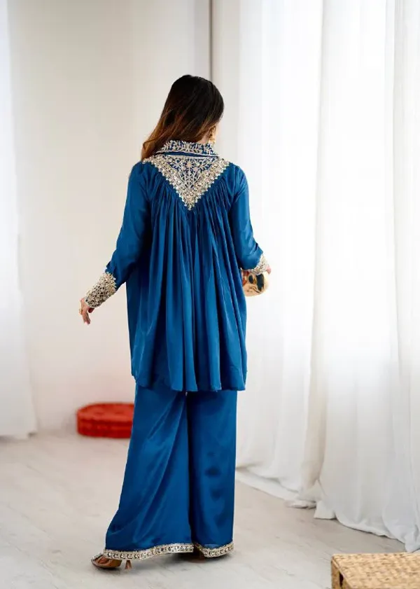Peacock_Blue_Chinon_Sequence_Embroidered_Kurta_Palazzo_Set_For_Women
