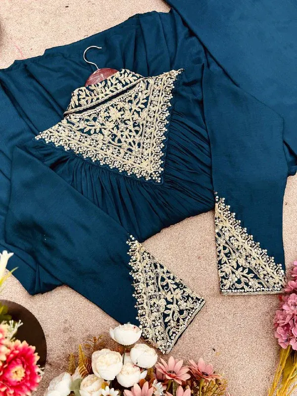 Peacock_Blue_Chinon_Sequence_Embroidered_Kurta_Palazzo_Set_For_Women