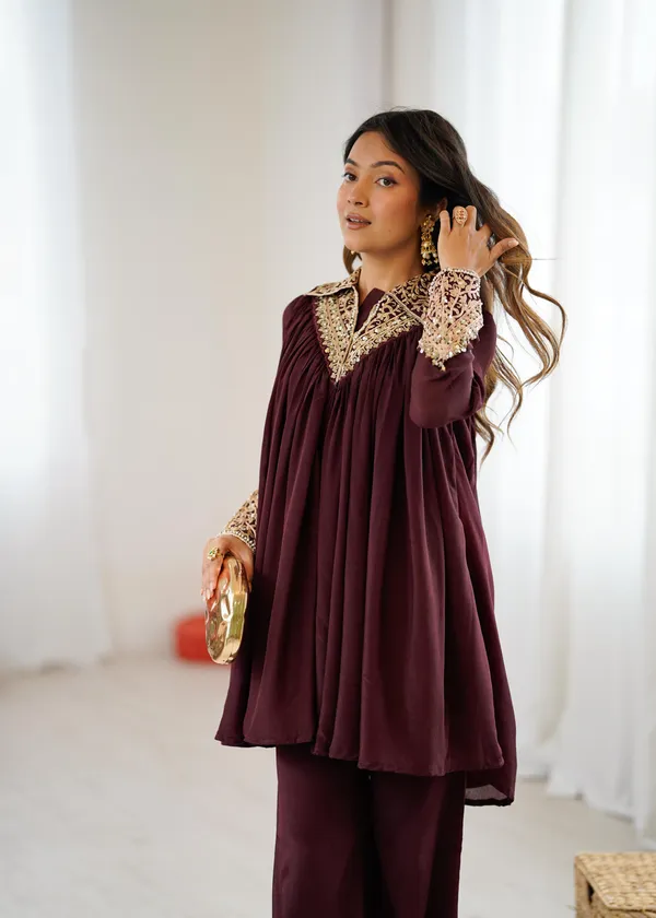Maroon_Chinon_Sequence_Embroidered_Kurta_Palazzo_Set_For_Women