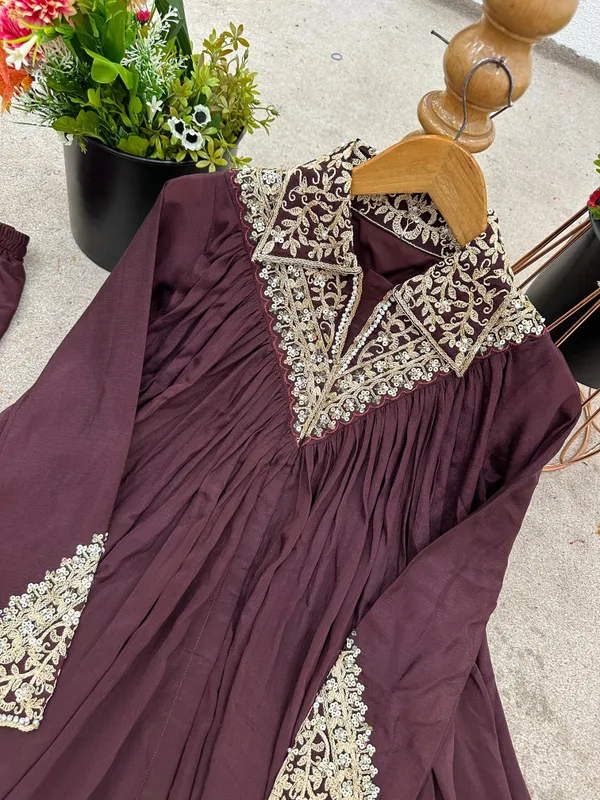 Maroon_Chinon_Sequence_Embroidered_Kurta_Palazzo_Set_For_Women
