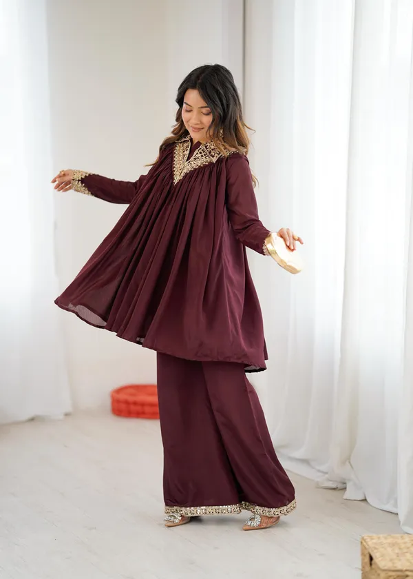 Maroon_Chinon_Sequence_Embroidered_Kurta_Palazzo_Set_For_Women