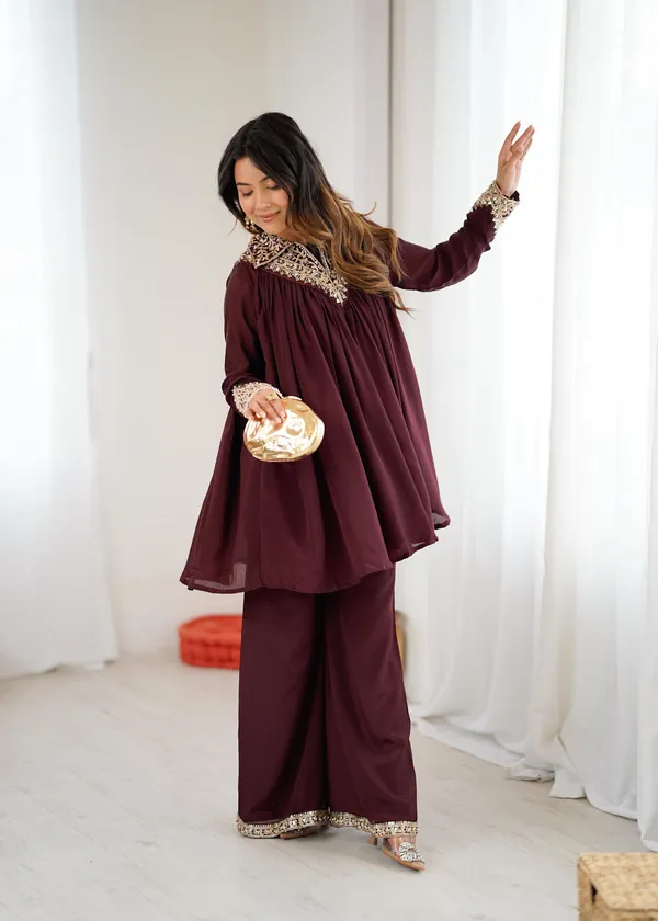Maroon_Chinon_Sequence_Embroidered_Kurta_Palazzo_Set_For_Women
