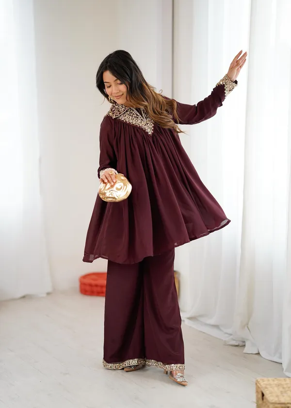 Maroon_Chinon_Sequence_Embroidered_Kurta_Palazzo_Set_For_Women