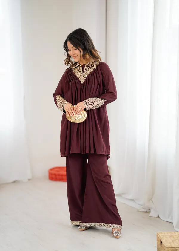 Maroon_Chinon_Sequence_Embroidered_Kurta_Palazzo_Set_For_Women