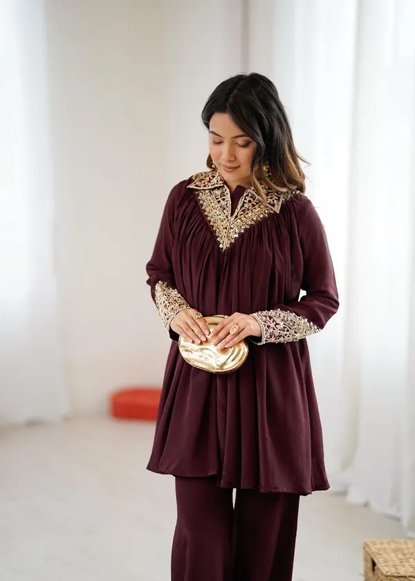 Maroon_Chinon_Sequence_Embroidered_Kurta_Palazzo_Set_For_Women