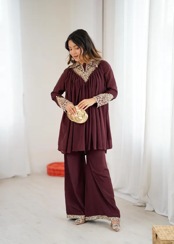 Maroon_Chinon_Sequence_Embroidered_Kurta_Palazzo_Set_For_Women