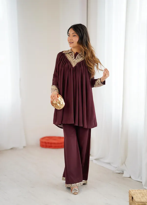 Maroon_Chinon_Sequence_Embroidered_Kurta_Palazzo_Set_For_Women