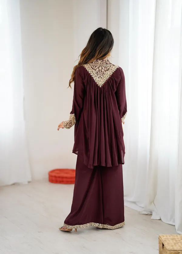 Maroon_Chinon_Sequence_Embroidered_Kurta_Palazzo_Set_For_Women