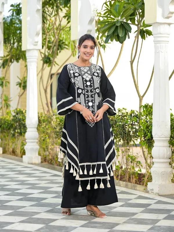 Black_Rayon_Cotton_Thread_Mirror_Work_Kurta_&_Palazzo_Set_For_Women