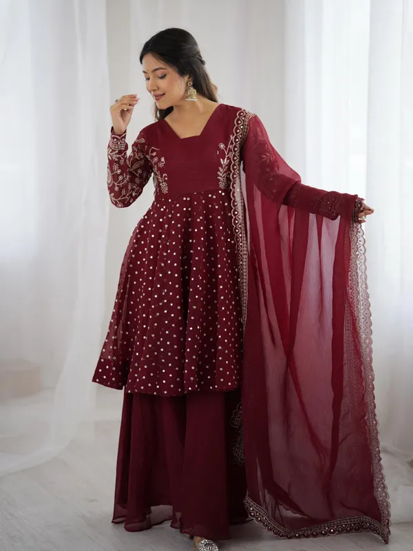 Red_Crunchy_Silk_Sequence_Embroidered_Sharara_Suit_For_Women