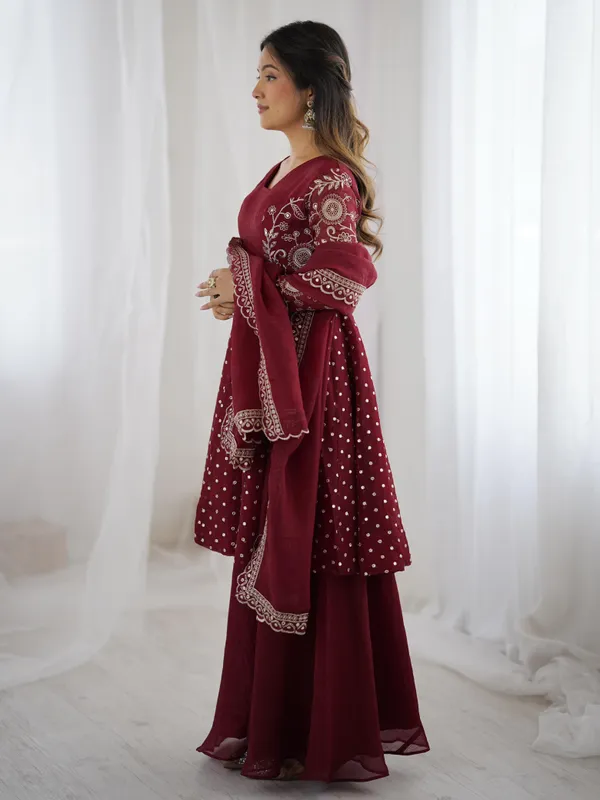 Red_Crunchy_Silk_Sequence_Embroidered_Sharara_Suit_For_Women