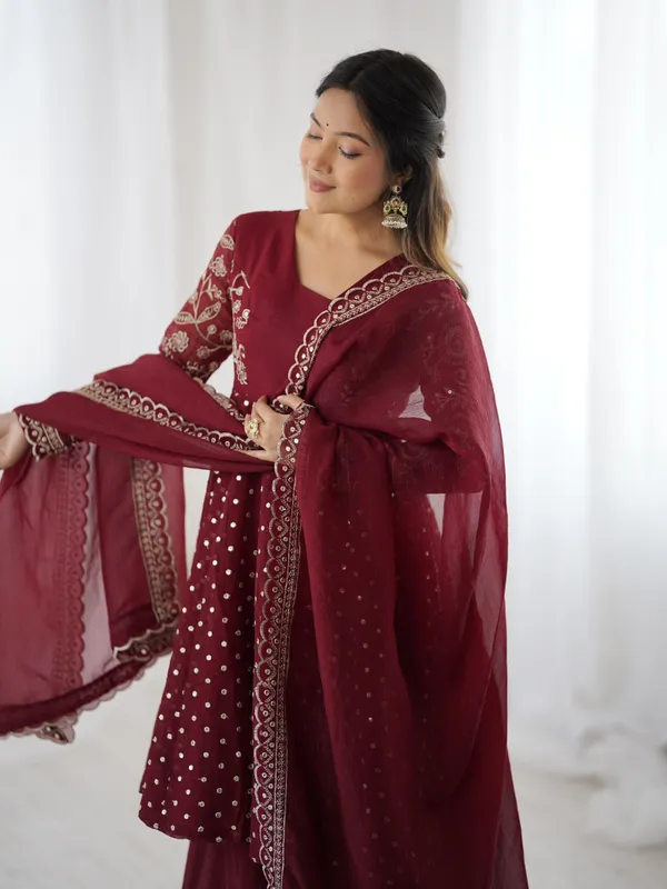 Red_Crunchy_Silk_Sequence_Embroidered_Sharara_Suit_For_Women
