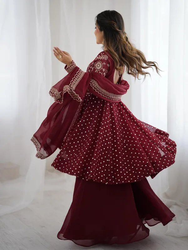 Red_Crunchy_Silk_Sequence_Embroidered_Sharara_Suit_For_Women