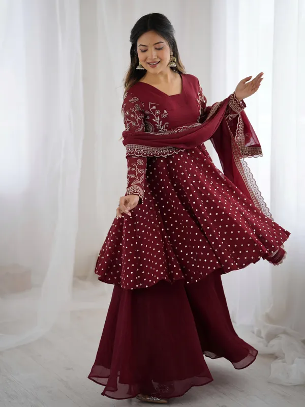 Red_Crunchy_Silk_Sequence_Embroidered_Sharara_Suit_For_Women