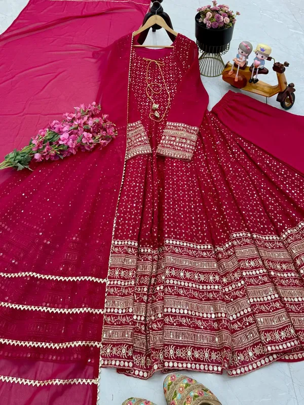 Red_Faux_Georgette_Sequence_Embroidered_Gown_For_Women
