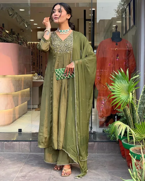 Muted_Earthy_Green_Chinon_Embroidered_Suit_Set_For_Women