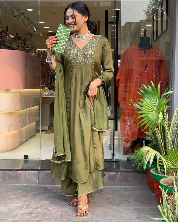 Muted_Earthy_Green_Chinon_Embroidered_Suit_Set_For_Women